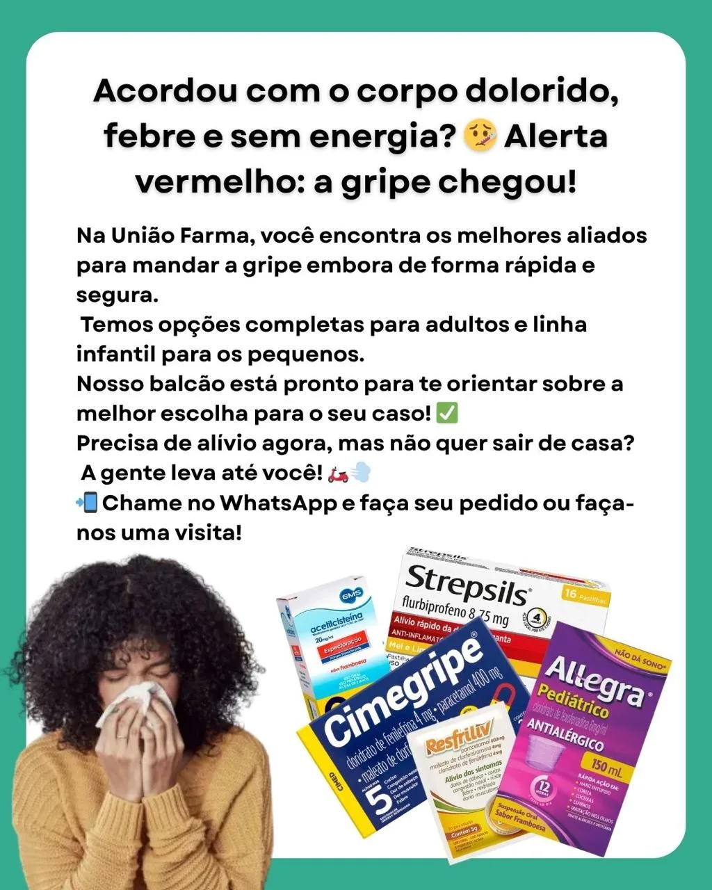 Arte com orientações gerais sobre gripe e opções para adultos e crianças