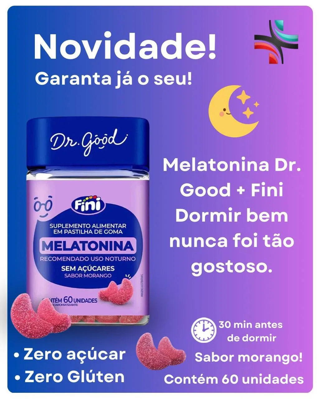 Arte de novidade sobre melatonina Dr. Good com sabor de morango