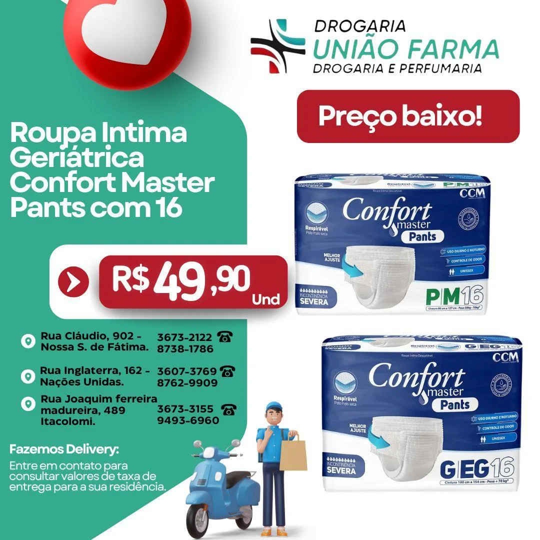 Roupa íntima geriátrica Comfort Master em oferta na União Farma. R$ 49,90, enquanto durar o estoque.