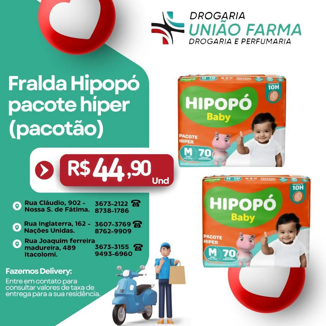 Fralda Hipopó pacote hiper em oferta na União Farma. R$ 44,90, enquanto durar o estoque.