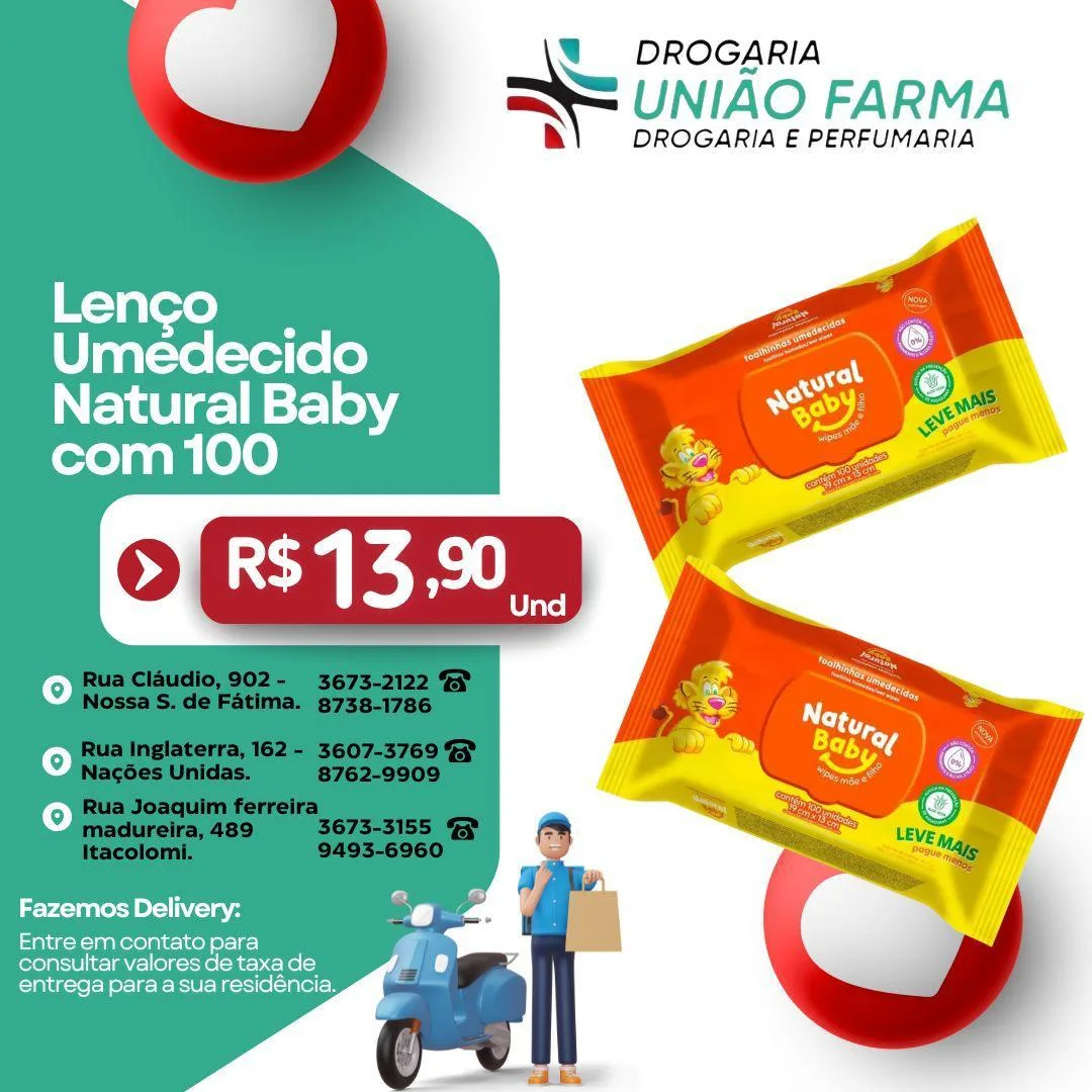 Lenço umedecido Natural Baby em oferta na União Farma. R$ 13,90, enquanto durar o estoque.